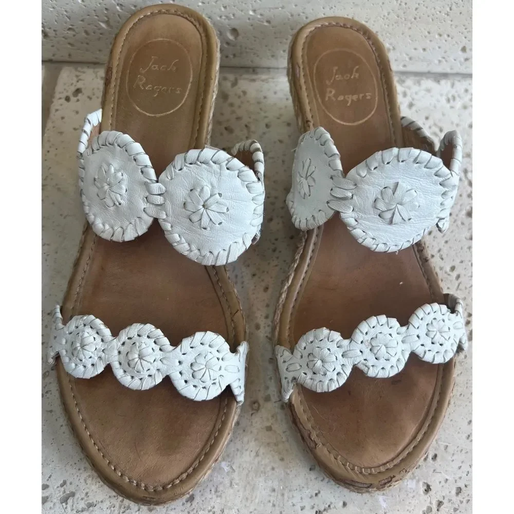 Jack Rogers Shelby White Leather Wedge Espadrille Slip On Sandals Size 8…